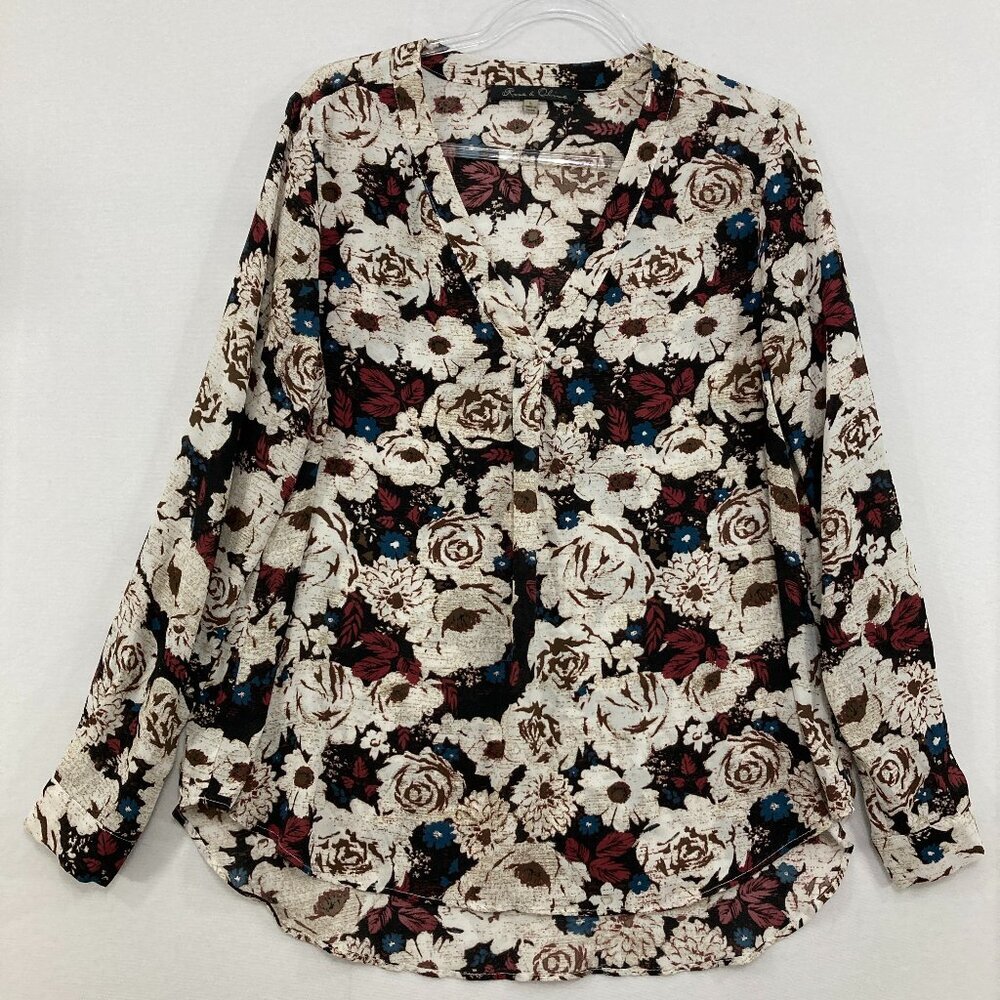 Rose & Olive Large V Neck Multi Color Floral Long Sleeve Popover Blouse Office